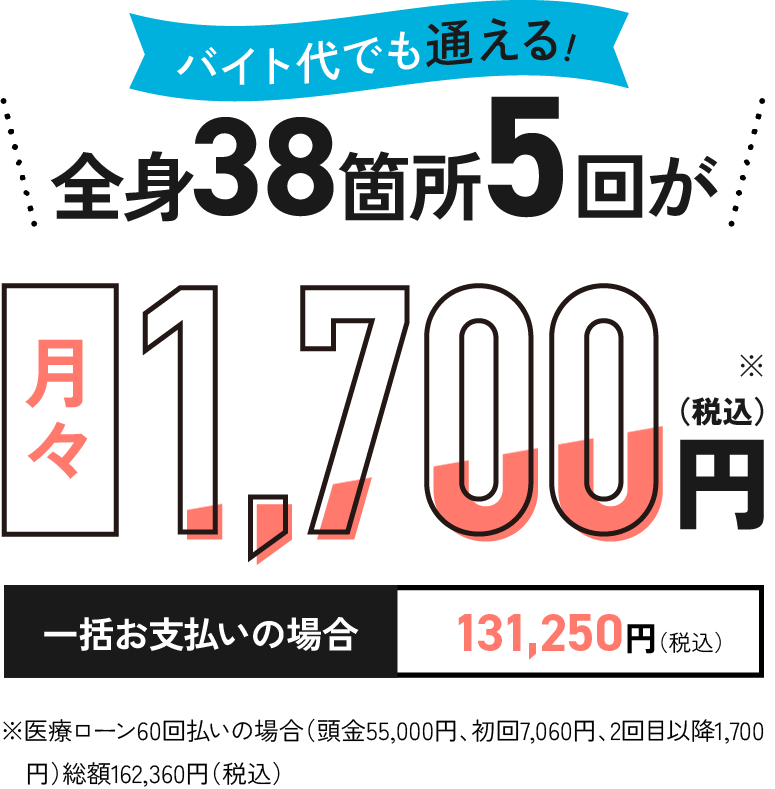 バイト代でも通える全身38ヶ所5回が月々1,500円